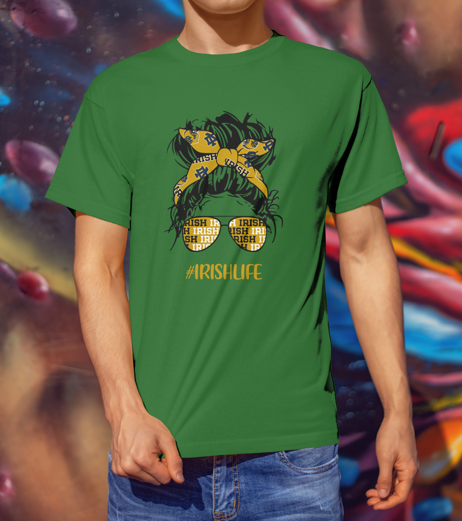 Notre Dame Fighting Irish Life Messy Bun Girl Headband Glasses #IrishLife T-Shirt