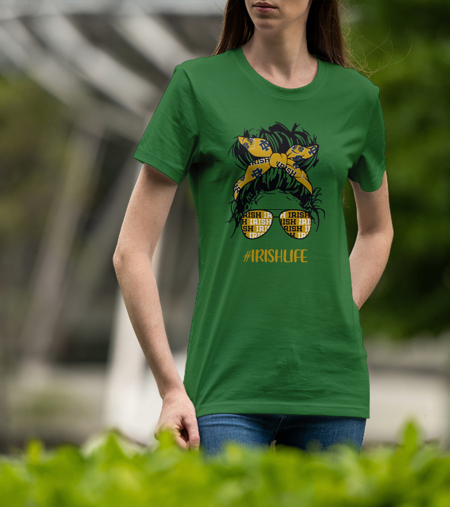 Notre Dame Fighting Irish Life Messy Bun Girl Headband Glasses #IrishLife T-Shirt