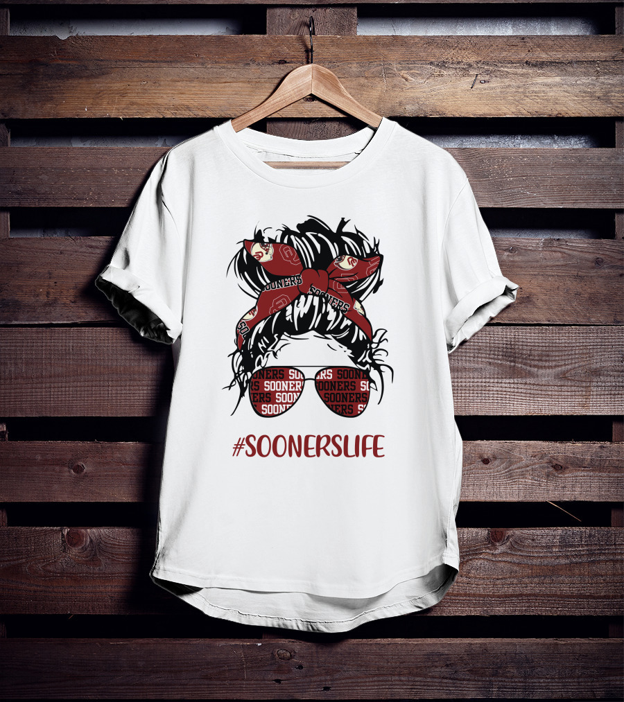 SoonersLife Messy Bun Girl Headband Glasses Oklahoma Sooners T-Shirt