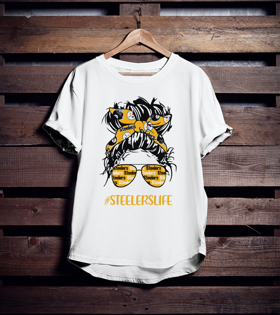 SteelersLife Messy Bun Girl With Steelers Headband And Glasses T-Shirt