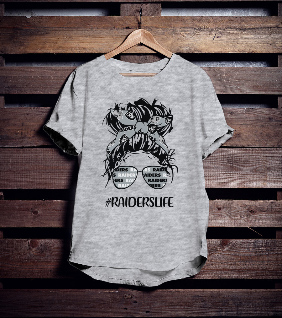 Raiderslife Messy Bun Girl With Raiders Headband Glasses Las Vegas Raiders T-Shirt