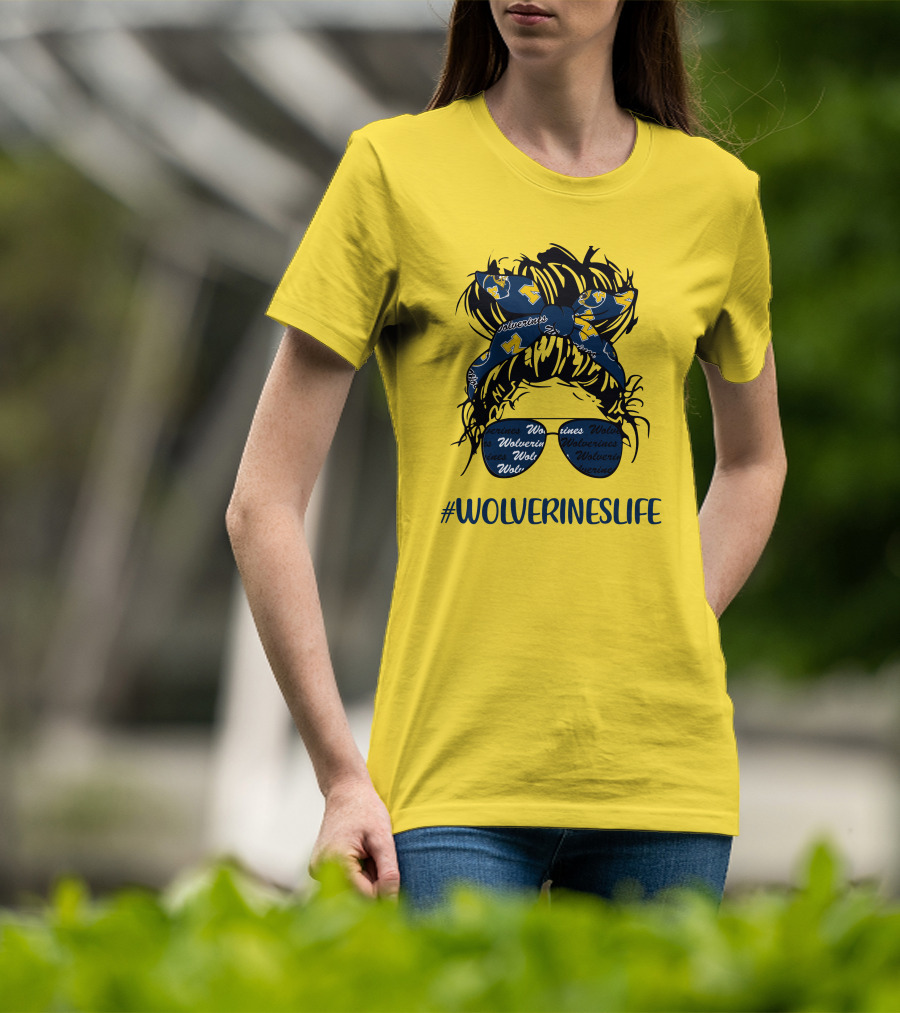 Michigan Wolverines Life Messy Bun Girl Headband Glasses Wolverines T-Shirt