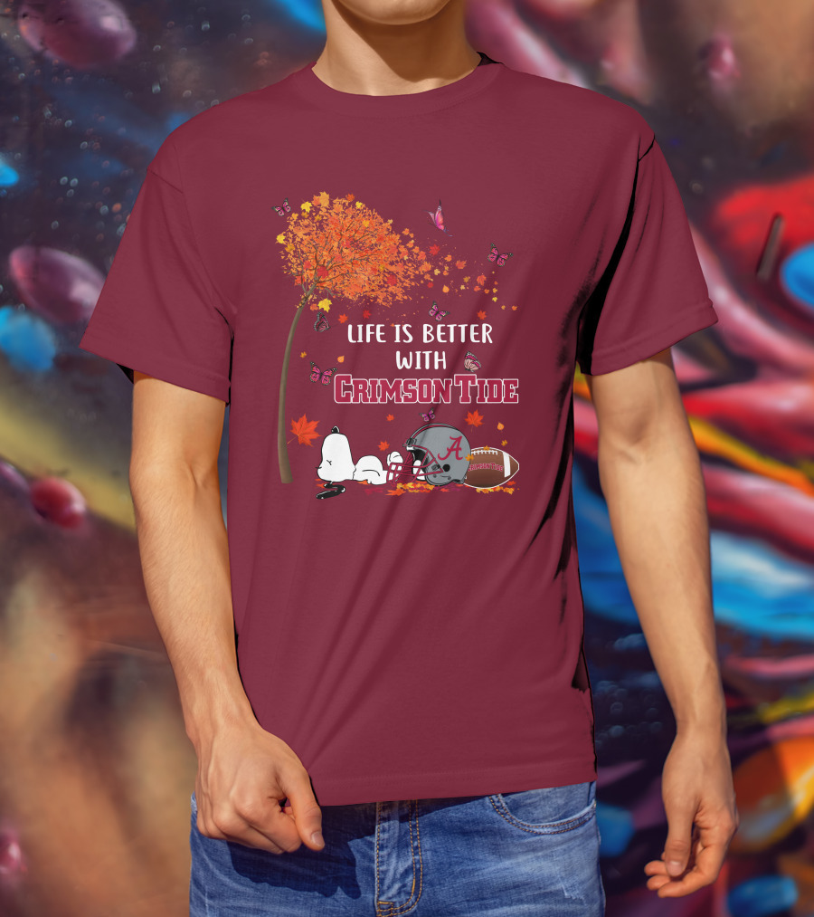 Life Is Better With Crimson Tide Alabama Football Autumn Leaves Butterflies Snoopy Woodstock T-Shirt