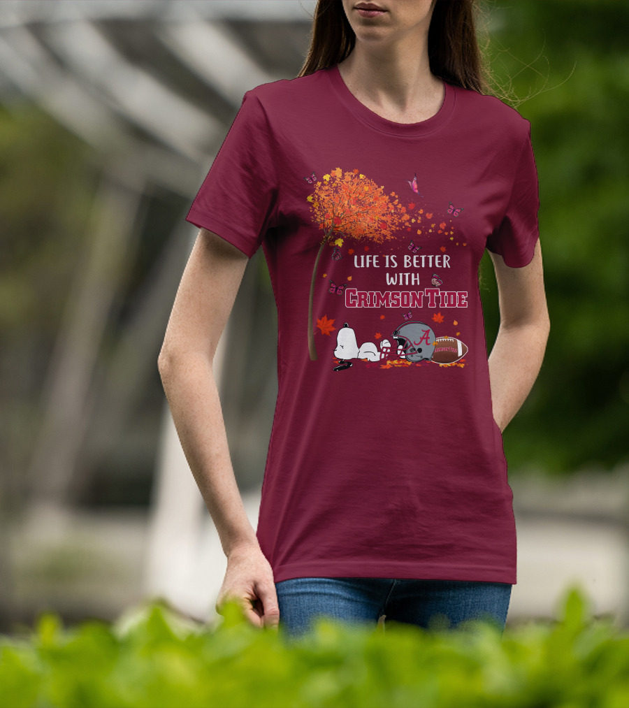 Life Is Better With Crimson Tide Alabama Football Autumn Leaves Butterflies Snoopy Woodstock T-Shirt