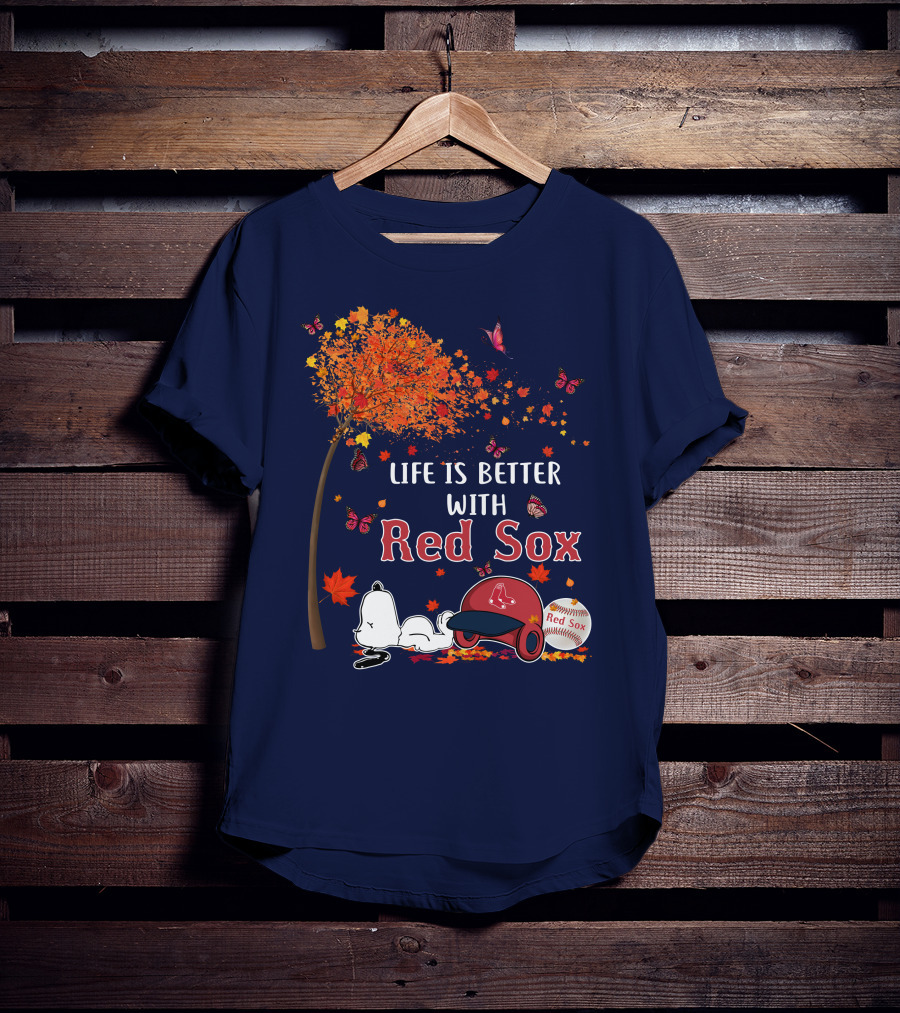 Life Is Better With Red Sox Tree Butterflies Baseball T-Shirt