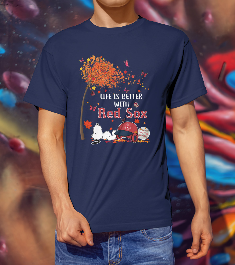 Life Is Better With Red Sox Tree Butterflies Baseball T-Shirt
