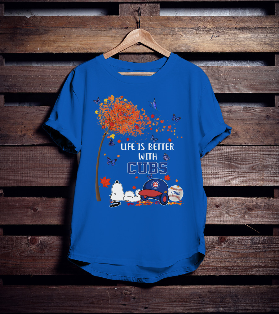 Life Is Better With Cubs Autumn Tree Baseball Hat And Ball T-Shirt