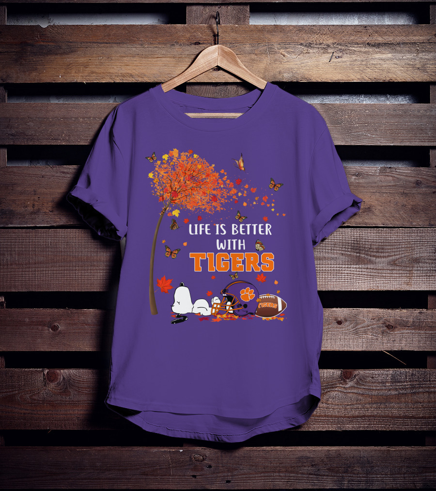 Life Is Better With Tigers Autumn Tree Snoopy Football Helmet Butterflies T-Shirt