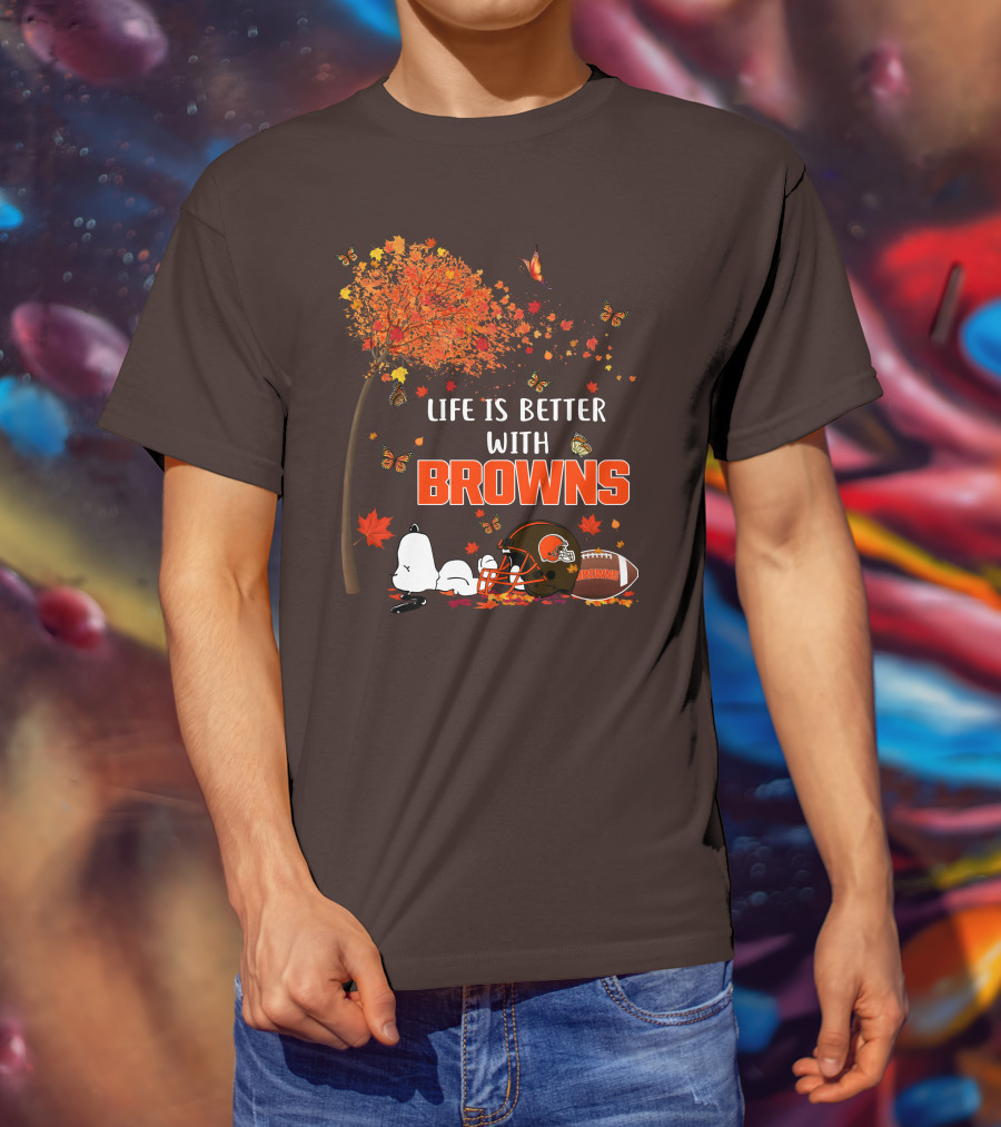 Life Is Better With My Cleveland Browns Football Autumn Scene And Peanuts Character T-Shirt