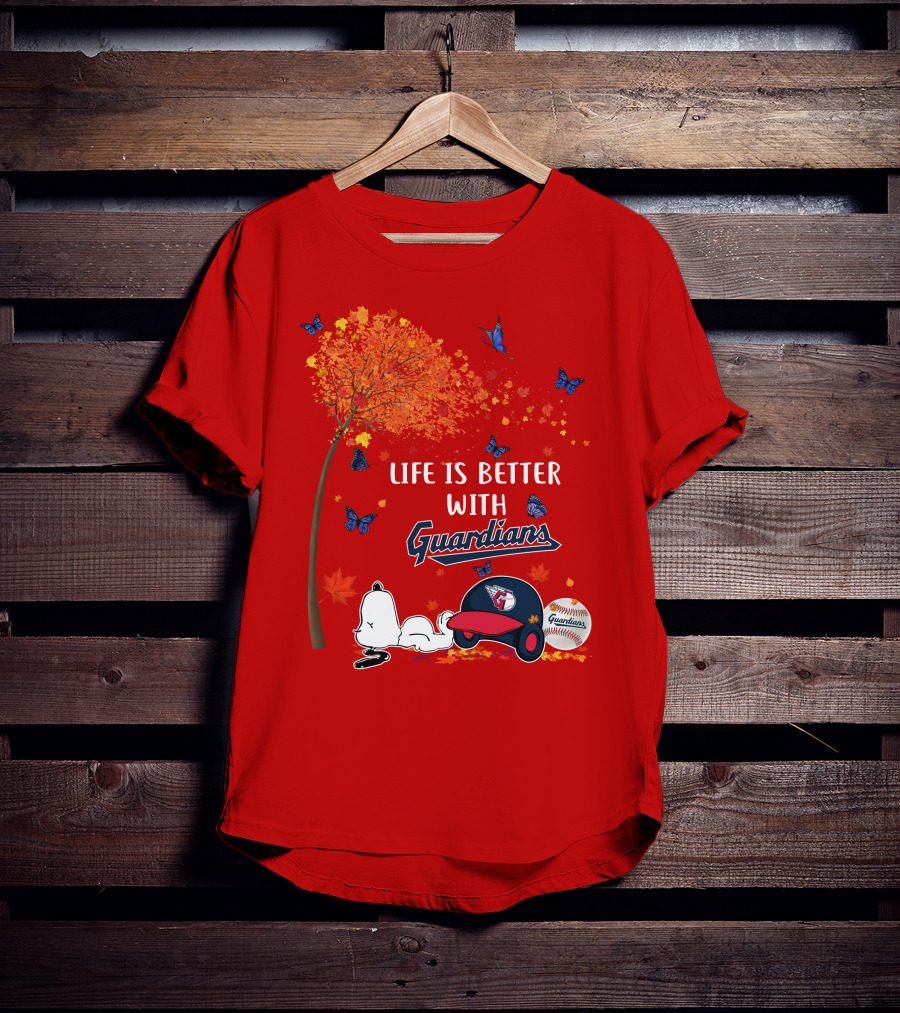 Life Is Better With Guardians Cleveland Guardians Baseball Autumn Tree Snoopy And Butterflies T-Shirt