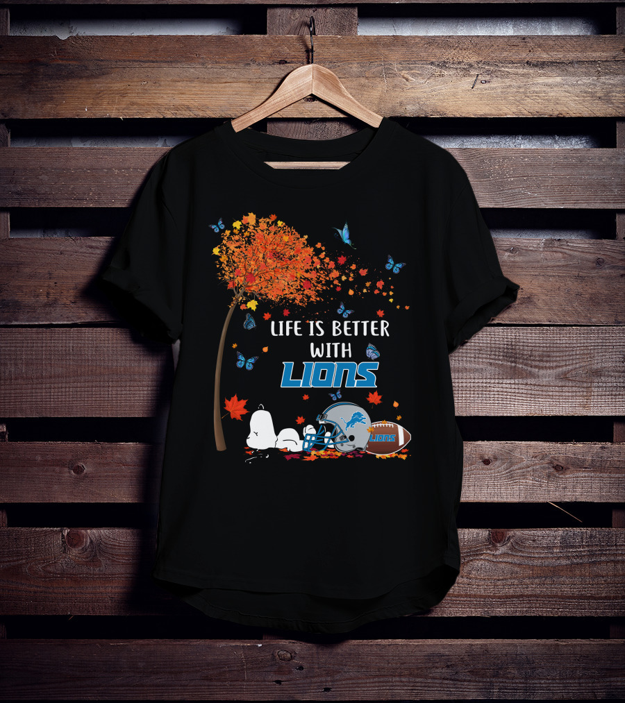Life Is Better With Detroit Lions Autumn Leaves Football Helmet Snoopy Woodstock T-Shirt