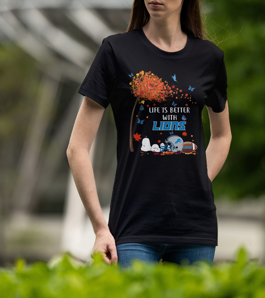 Life Is Better With Detroit Lions Autumn Leaves Football Helmet Snoopy Woodstock T-Shirt