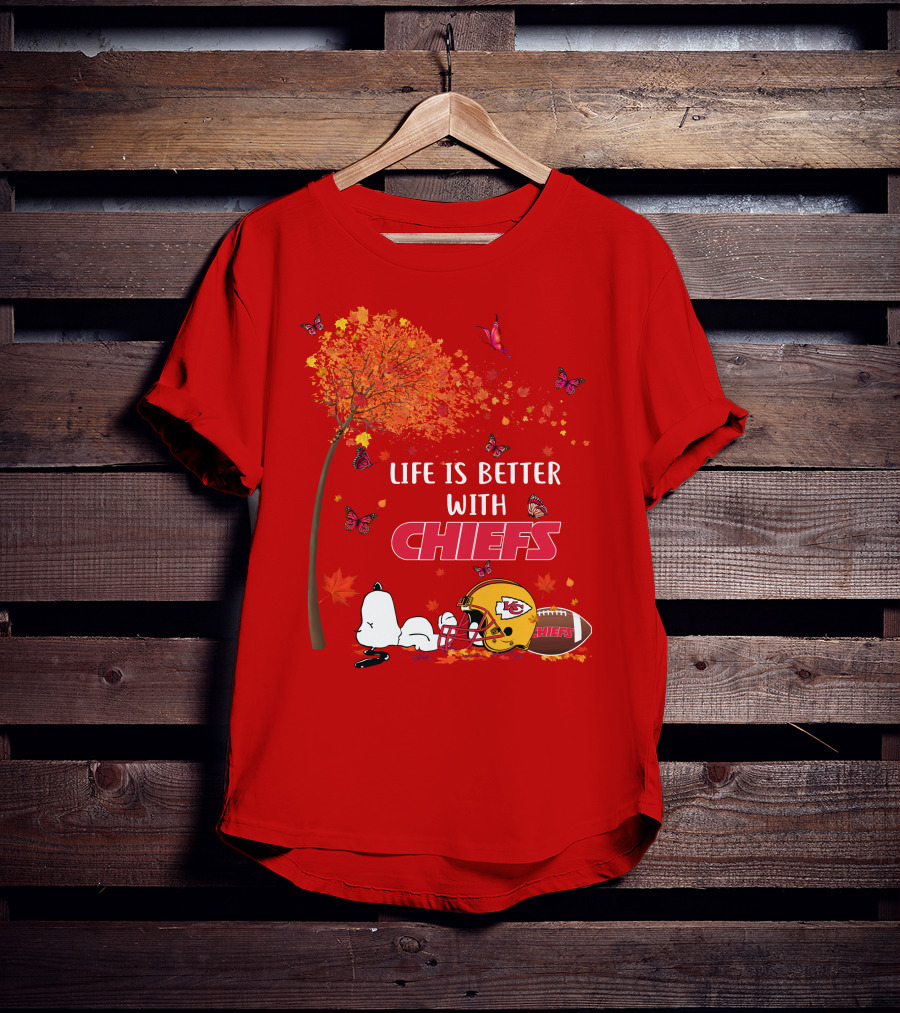 Life Is Better With Chiefs Fall Football Theme Snoopy And Butterflies T-Shirt