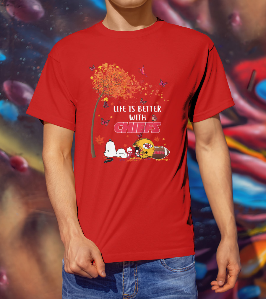 Life Is Better With Chiefs Fall Football Theme Snoopy And Butterflies T-Shirt