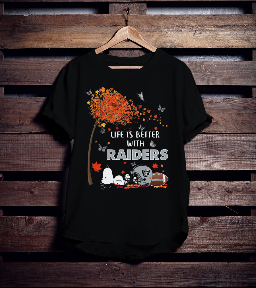 Life Is Better With Raiders Autumn Leaves And Snoopy Under Tree With Butterfly And Football Helmet T-Shirt