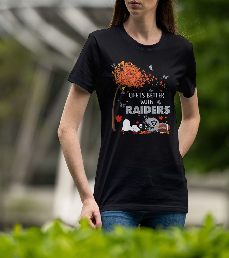 Life Is Better With Raiders Autumn Leaves And Snoopy Under Tree With Butterfly And Football Helmet T-Shirt