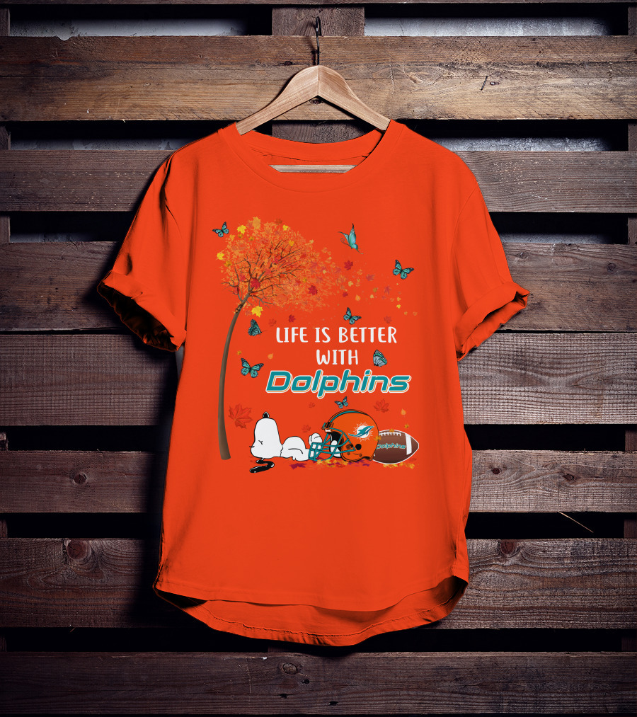 Life Is Better With Dolphins Miami Football Autumn Tree Snoopy Butterflies T-Shirt