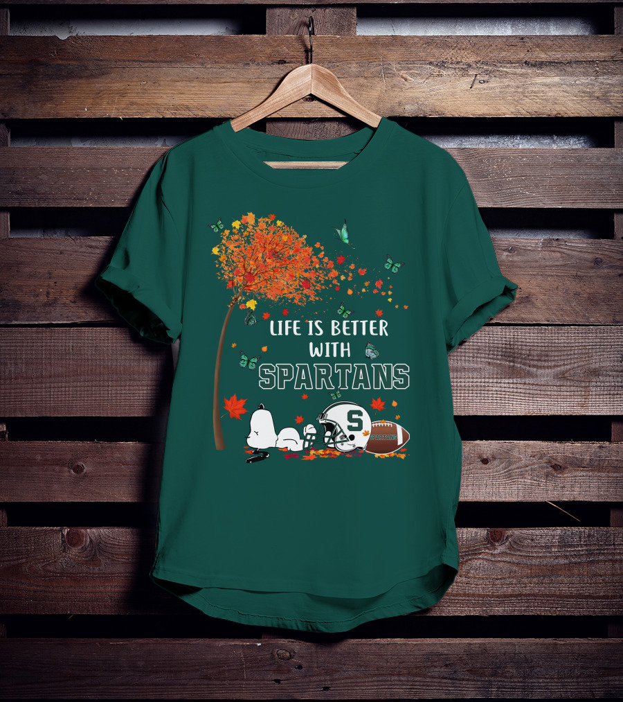 Life Is Better With Spartans Michigan State Football Autumn Leaves Butterflies T-Shirt