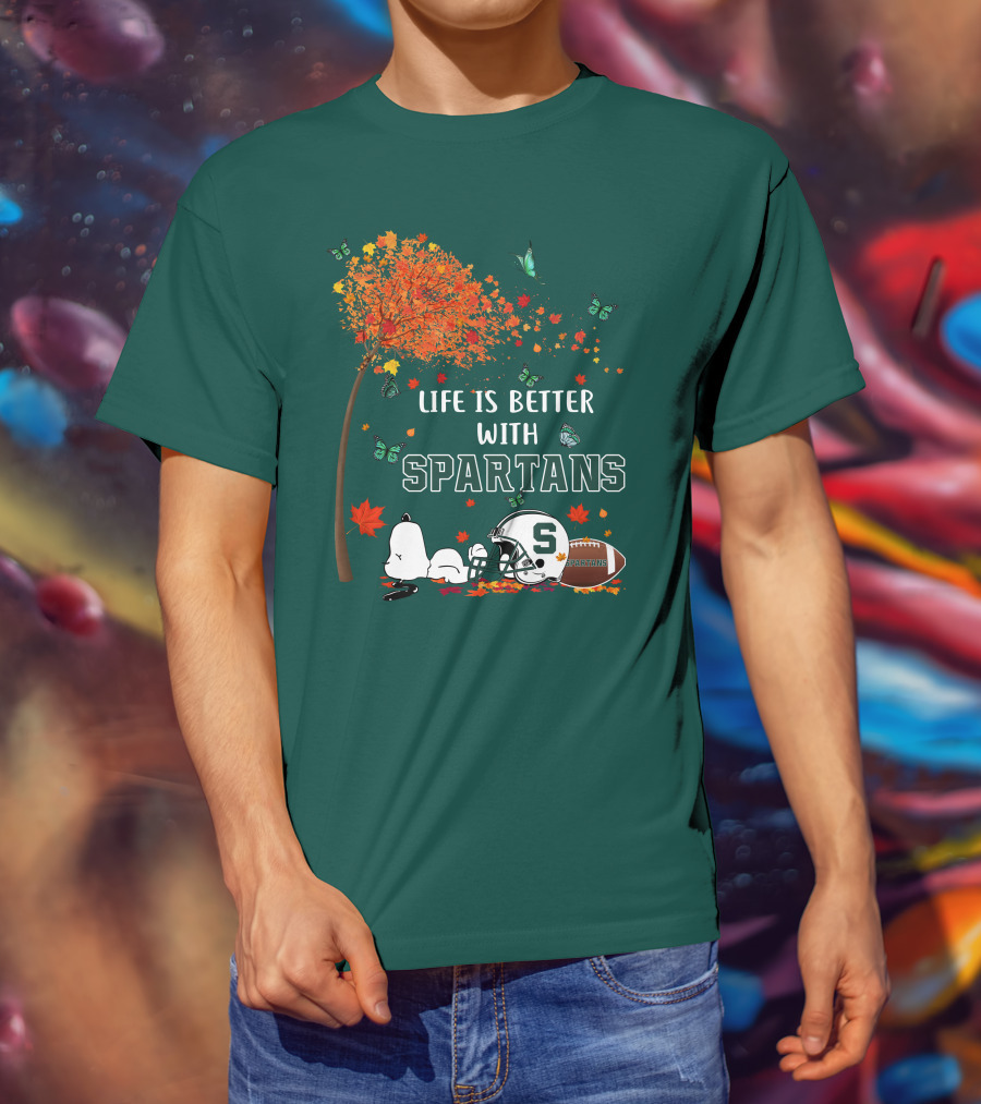 Life Is Better With Spartans Michigan State Football Autumn Leaves Butterflies T-Shirt