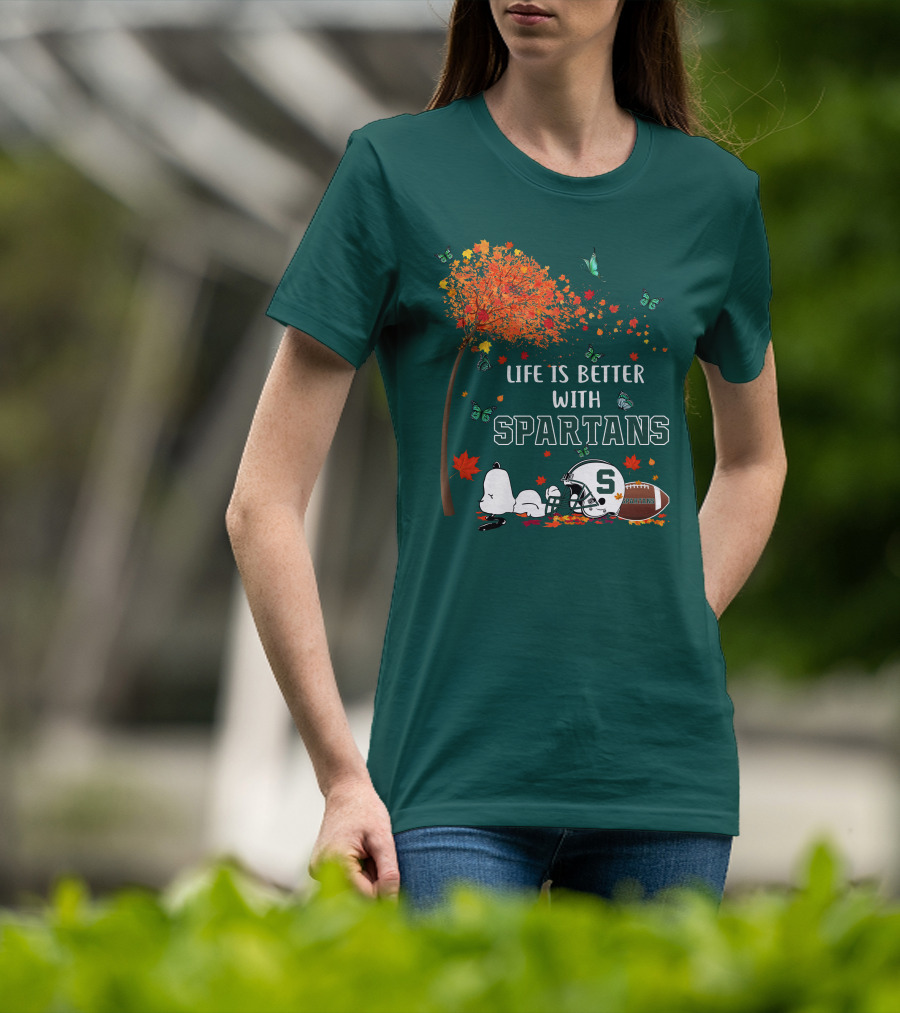 Life Is Better With Spartans Michigan State Football Autumn Leaves Butterflies T-Shirt