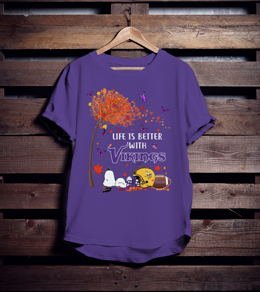 Life Is Better With Vikings Football And Autumn Leaves T-Shirt