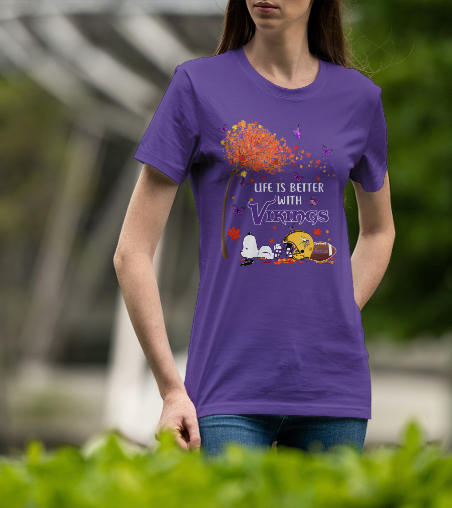 Life Is Better With Vikings Football And Autumn Leaves T-Shirt