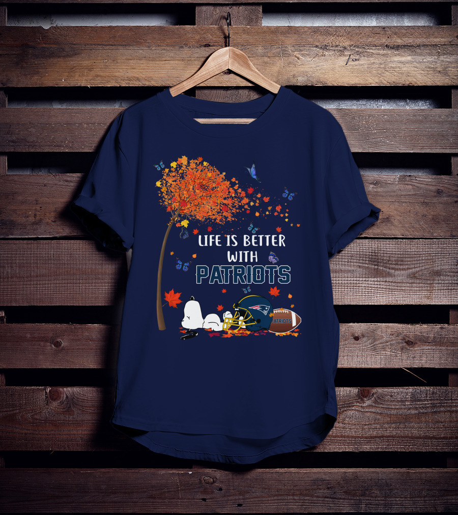 Life Is Better With Patriots New England Football Autumn Tree Butterfly T-Shirt
