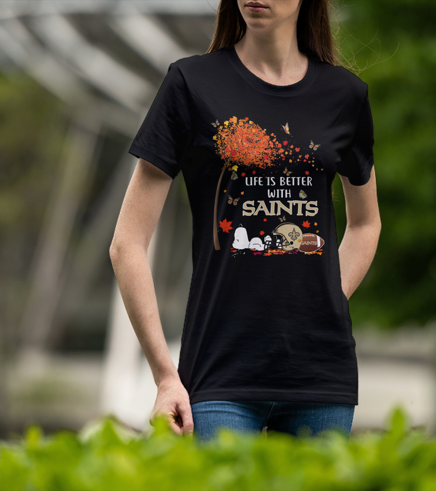 Life Is Better With Saints Autumn Leaves Football And Helmet T-Shirt