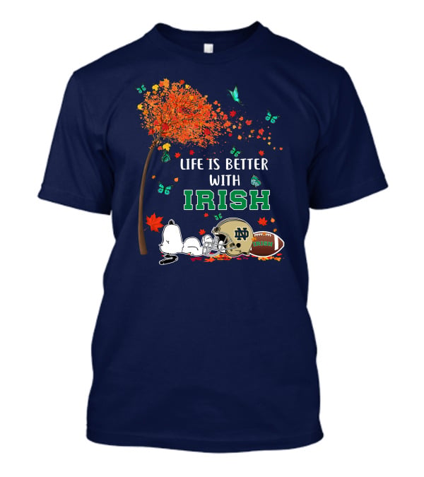 Life Is Better With Irish Autumn Leaves Football Helmet Snoopy Notre Dame T-Shirt