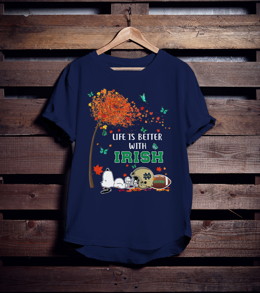 Life Is Better With Irish Autumn Leaves Football Helmet Snoopy Notre Dame T-Shirt