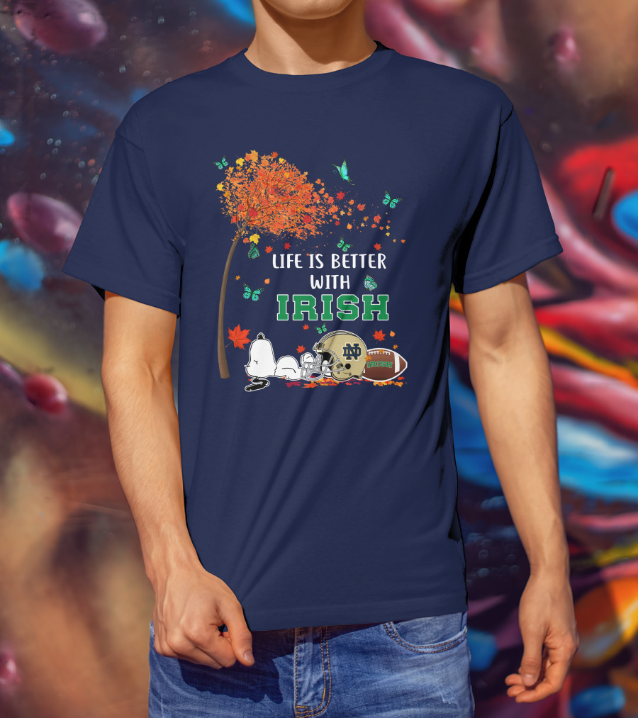 Life Is Better With Irish Autumn Leaves Football Helmet Snoopy Notre Dame T-Shirt