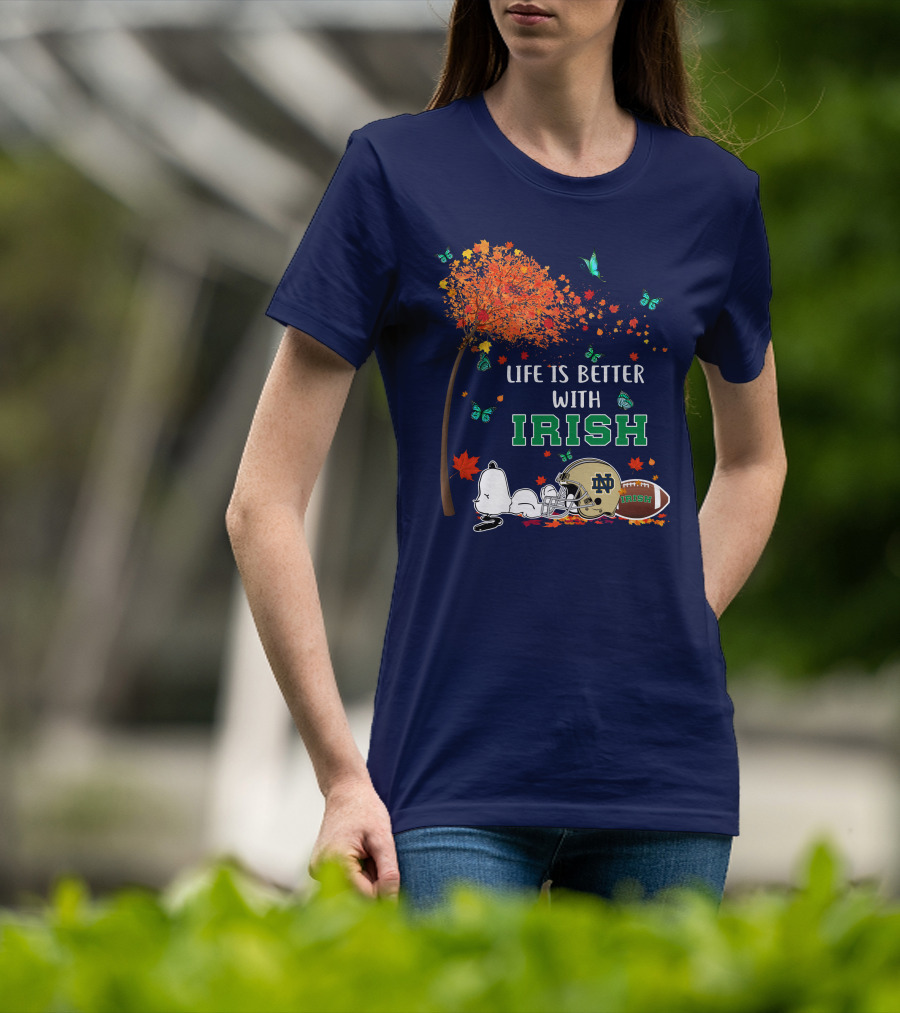 Life Is Better With Irish Autumn Leaves Football Helmet Snoopy Notre Dame T-Shirt