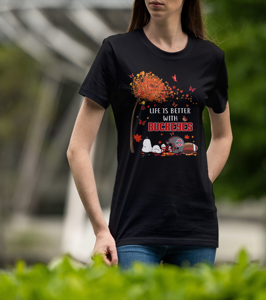 Life Is Better With Buckeyes Ohio State Football Autumn Leaves Butterflies T-Shirt