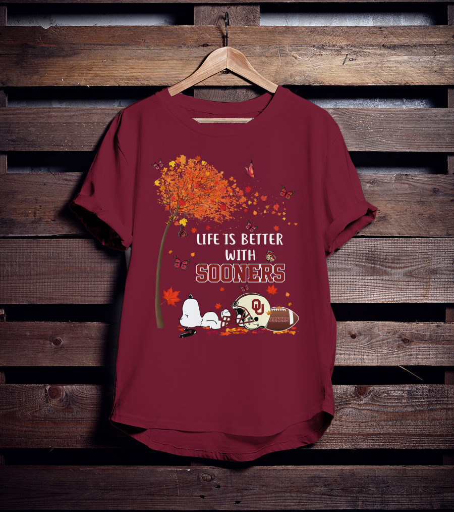 Life Is Better With Sooners Football Autumn Leaves And Butterflies T-Shirt