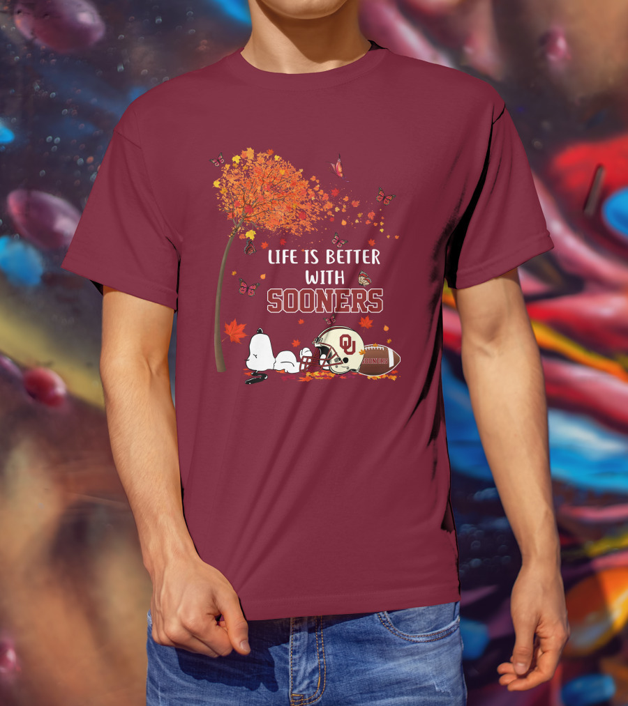 Life Is Better With Sooners Football Autumn Leaves And Butterflies T-Shirt