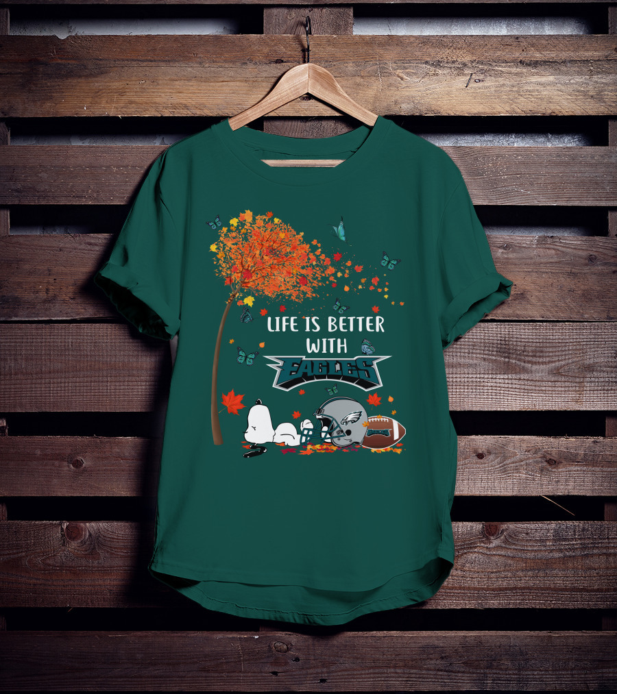 Life Is Better With Eagles Football Autumn Leaves And Butterflies T-Shirt
