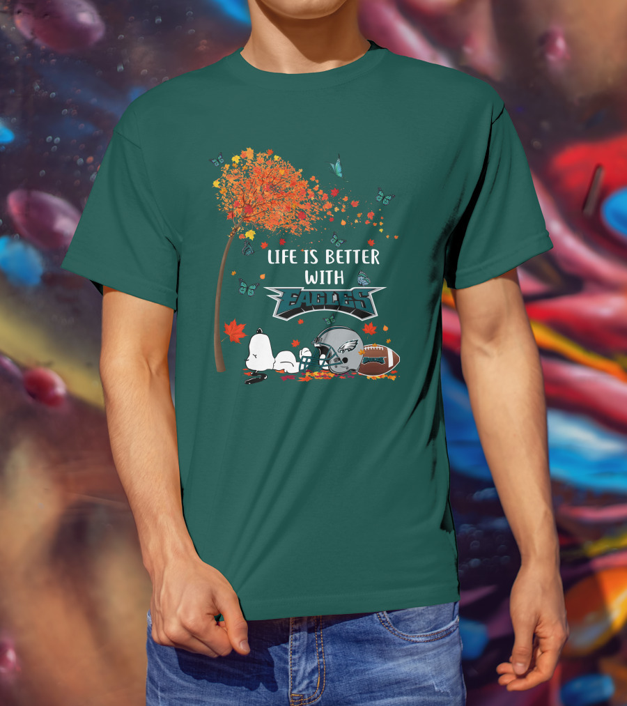 Life Is Better With Eagles Football Autumn Leaves And Butterflies T-Shirt