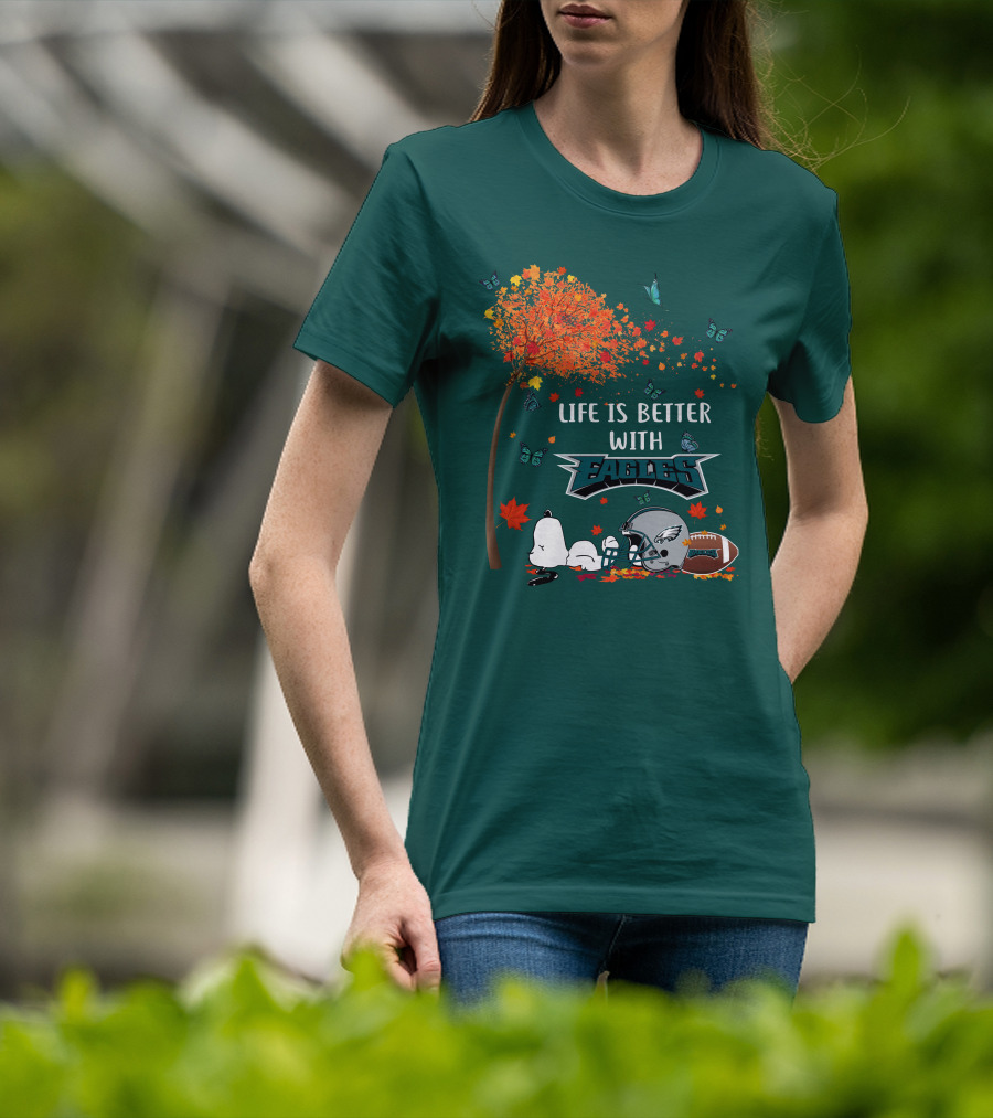 Life Is Better With Eagles Football Autumn Leaves And Butterflies T-Shirt