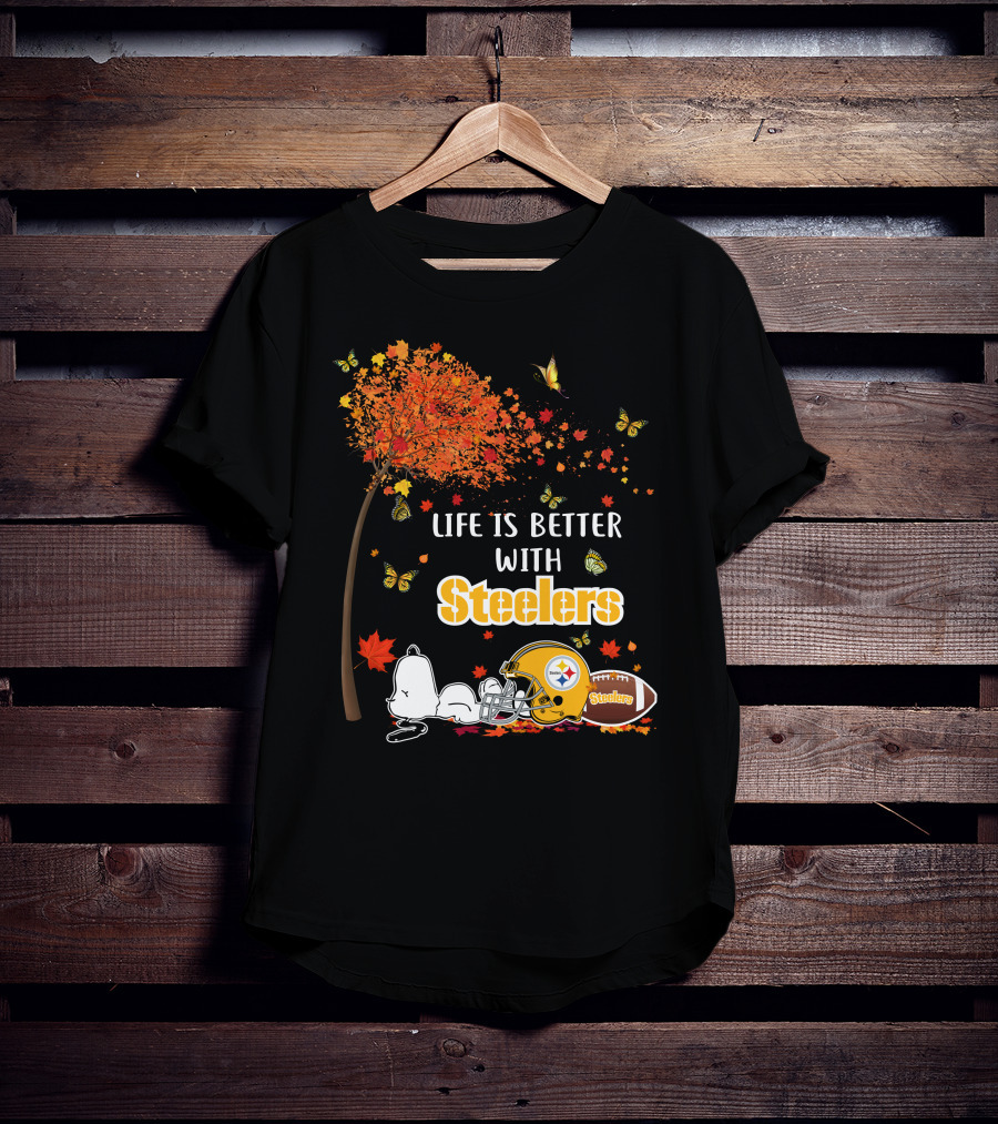 Life Is Better With Steelers Autumn Snoopy Football Helmet T-Shirt
