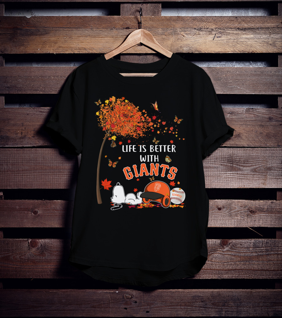 Life Is Better With Giants Snoopy Fall Leaves Baseball Cap T-Shirt