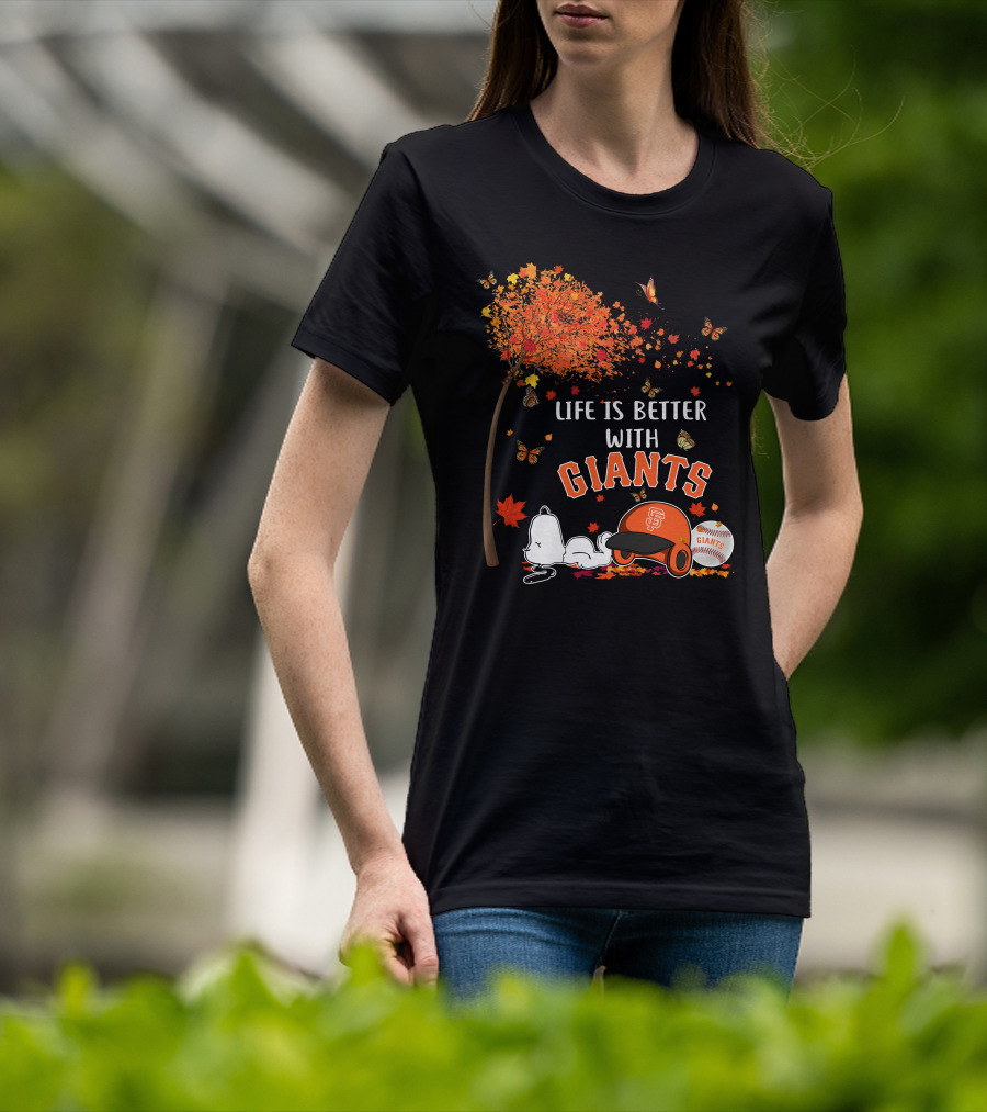 Life Is Better With Giants Snoopy Fall Leaves Baseball Cap T-Shirt