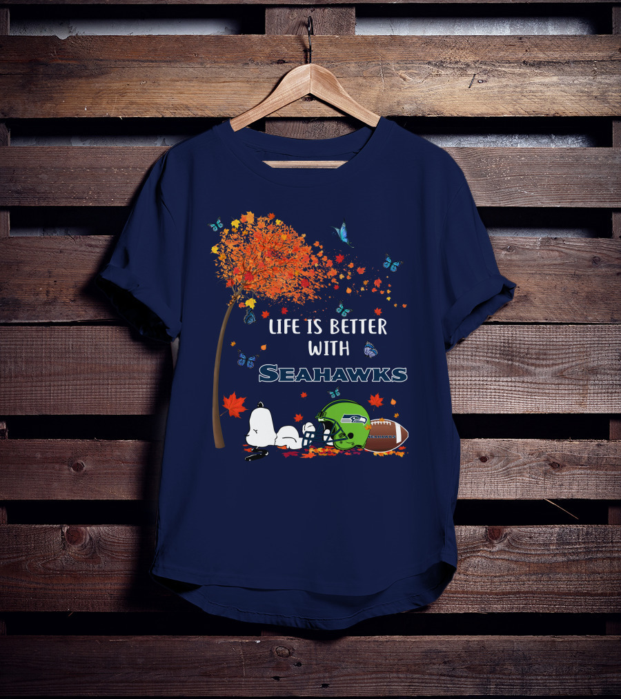 Life Is Better With Seattle Seahawks Autumn Leaves Football Helmet Snoopy And Woodstock T-Shirt