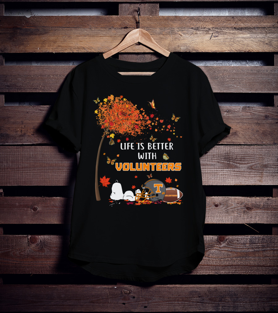 Life Is Better With Volunteers Tennessee Football Autumn Leaves And Butterflies T-Shirt
