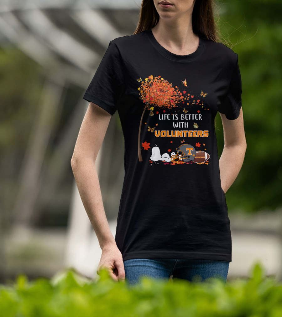 Life Is Better With Volunteers Tennessee Football Autumn Leaves And Butterflies T-Shirt