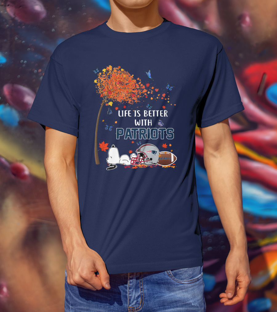 Life Is Better With Patriots New England Football Autumn Leaves And Snoopy T-Shirt