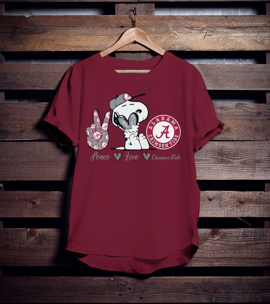 Peace Love Alabama Crimson Tide Snoopy Football Fan Gear T-Shirt