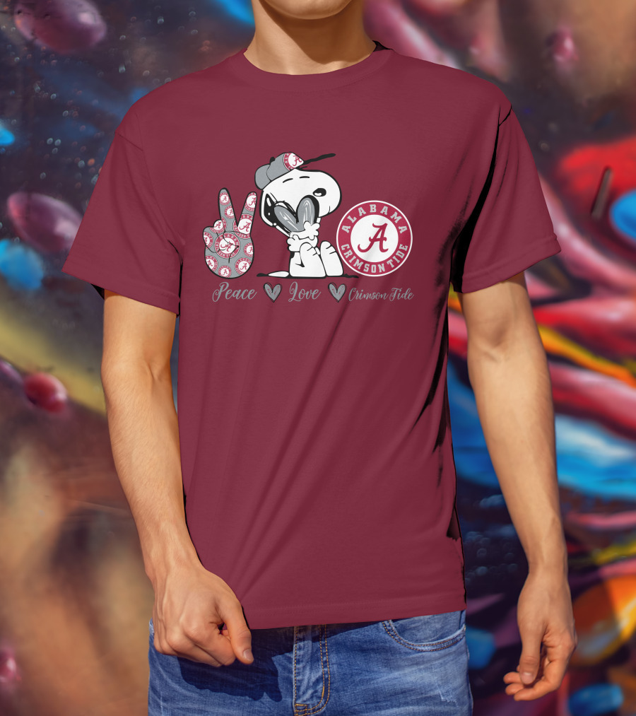 Peace Love Alabama Crimson Tide Snoopy Football Fan Gear T-Shirt