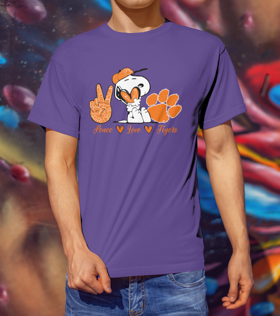 Peace Love Clemson Tigers Snoopy With Paw Print And Heart Icons T-Shirt