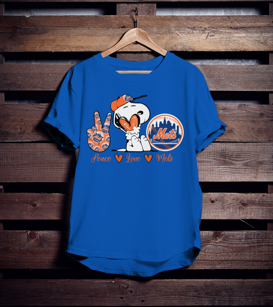 Snoopy Peace Love Mets New York City Skyline Baseball T-Shirt