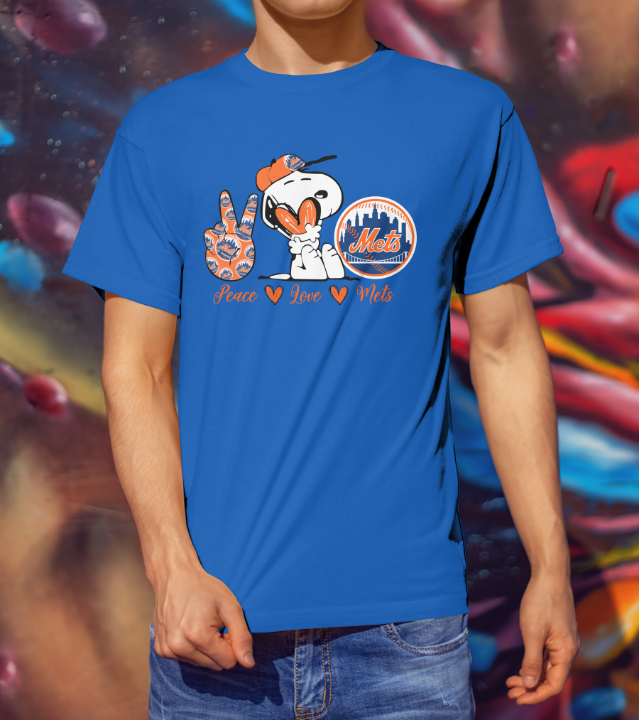Snoopy Peace Love Mets New York City Skyline Baseball T-Shirt